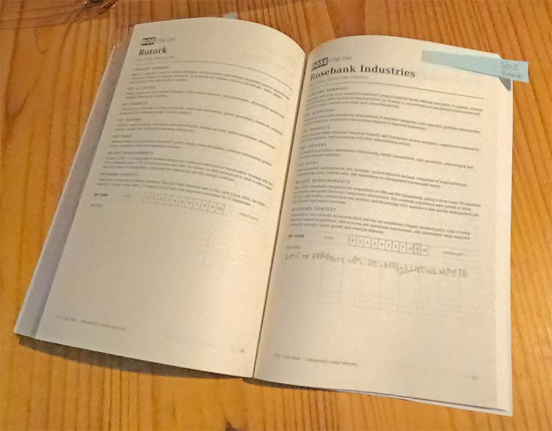Open pages of The 350 Trade Book showing company profile entries